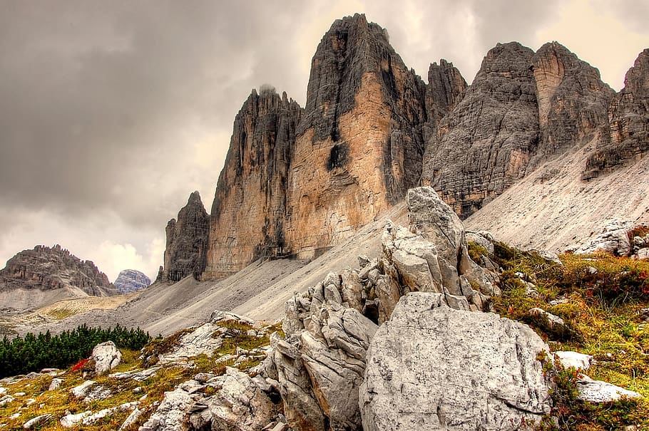 Three Zinnen, Dolomitas, Italia, montañas, alpino, Tirol del Sur, pared norte, Lavaredo, roca, paisaje