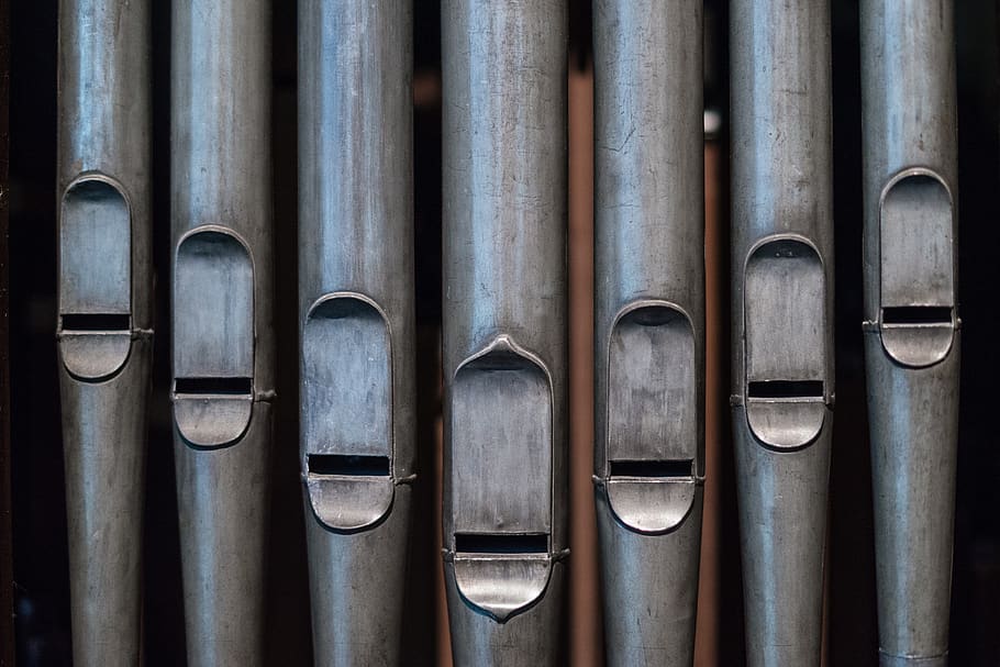 tubos de órgão, música, instrumento, igreja, musical, tubo, metal, som, apito, capela