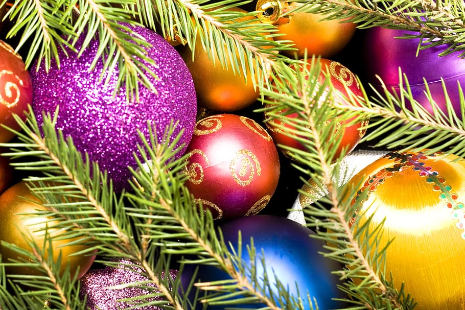 background, ball, bauble, branch, bright, celebration, christmas, christmas-tree, color, dark