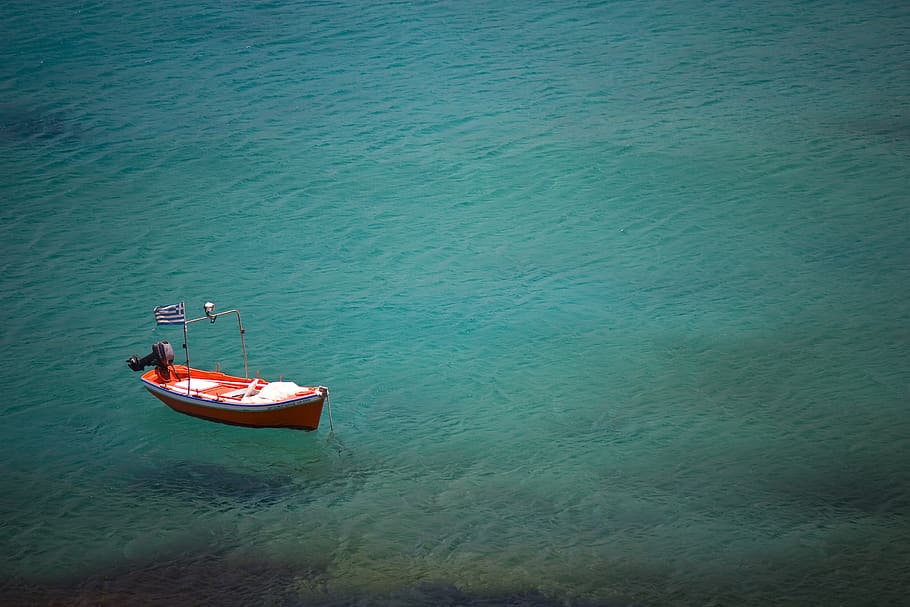 boat, ocean, alone, single, floating, clear water, sea, fishing boat, red, clear