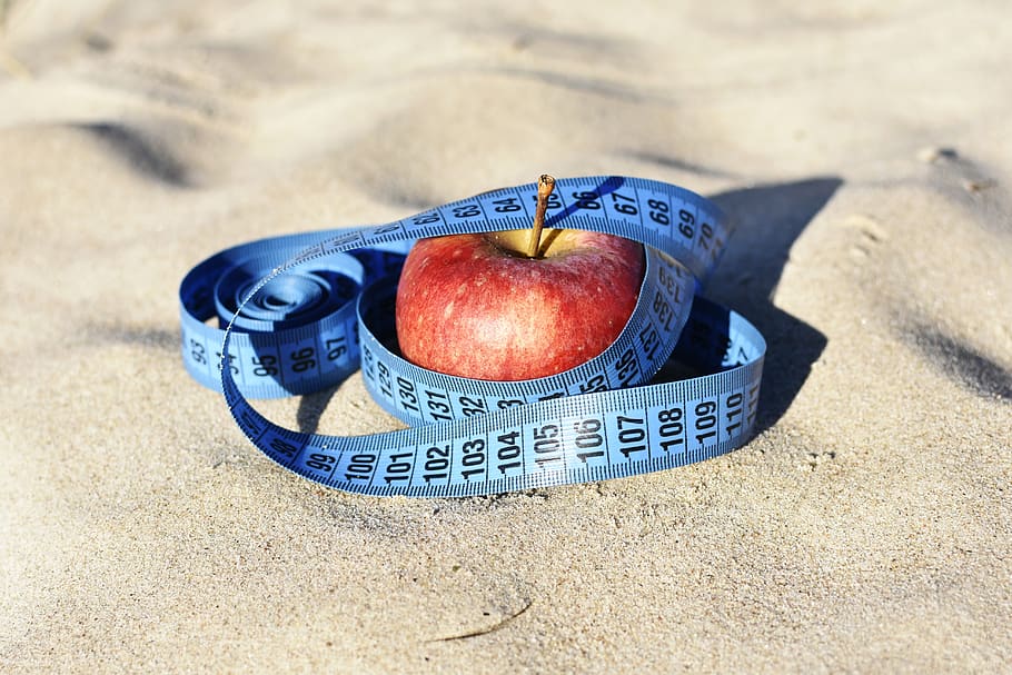 red apple, measure, diet, apple outside, beach, motivation, weight, weight loss, gain weight, healthy