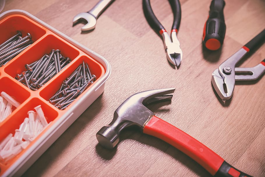 conjunto, ferramentas, de madeira, piso, ferramenta de trabalho, ferramenta, ferramenta manual, equipamento, metal, dentro de casa