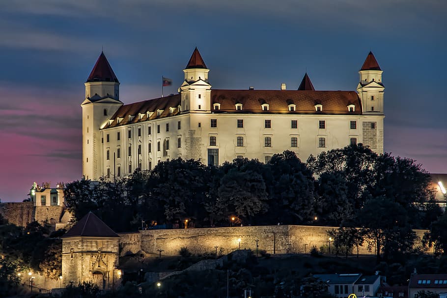 bratislava, slovakia, castle, in the evening, architecture, building exterior, built structure, building, sky, tree