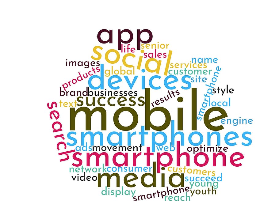 seluler, cloud kata perangkat, berbeda, ukuran, berwarna, kata., iklan, jangkauan, pelanggan, teks