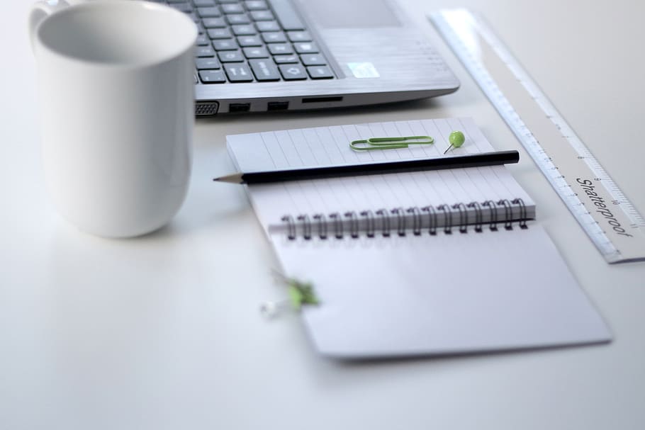 white, table, ruler, notebook, pencil, pin, mug, cup, laptop, school