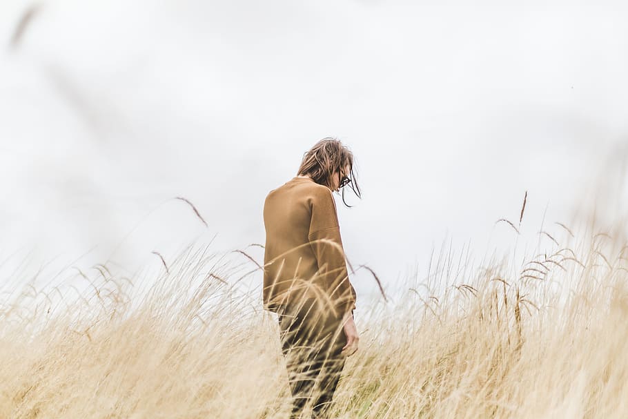 girl, alone, thinking, mountain, nature, grass, view, brown, model, clouds