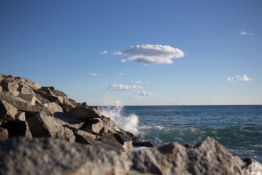 sea waves, crashing, rocks, background, Bay, Blue, Clouds, Coast, Coastline, Horizon