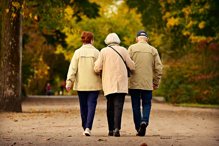 people, three, elderly, walking, together, togetherness, arm in arm, support, affection, aid