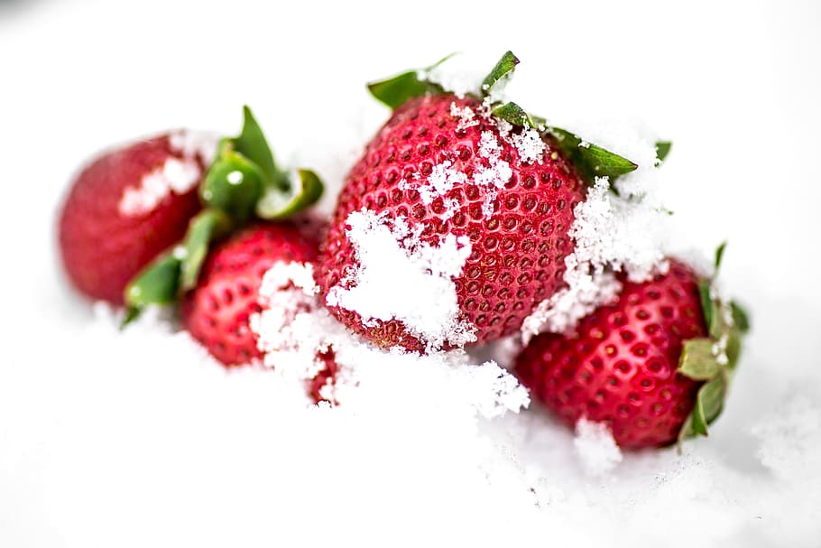 strawberries on snow, fruit, berry fruit, healthy eating, food and drink, food, red, freshness, studio shot, strawberry