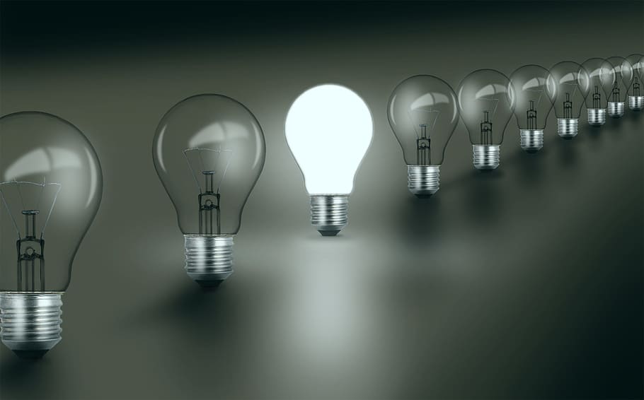 bright, idea, -, standing, concept, light bulbs, art, background, black, bulb