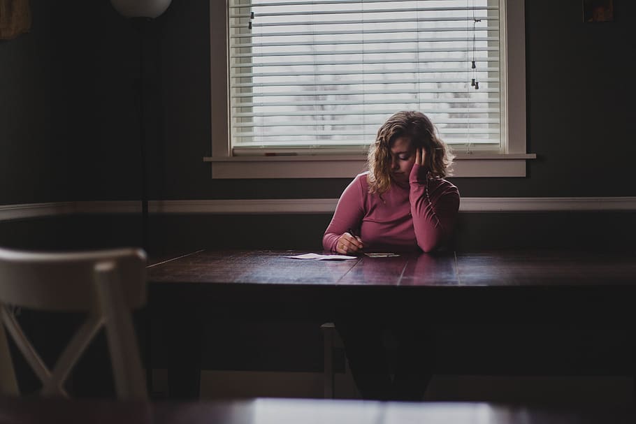 people, woman, girl, thinking, alone, sad, writing, room, table, chair | Pxfuel