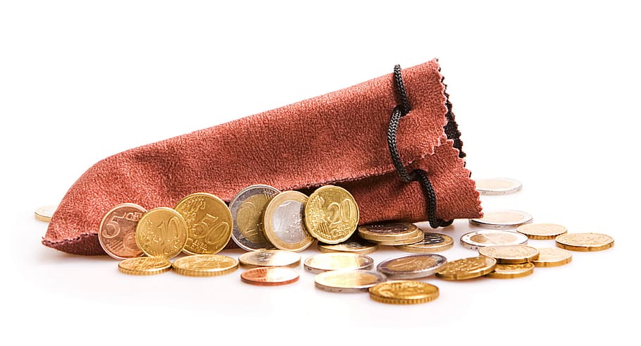 tas, koin, close-up, closeup, kredit, euro, keuangan, emas, tumpukan, terisolasi