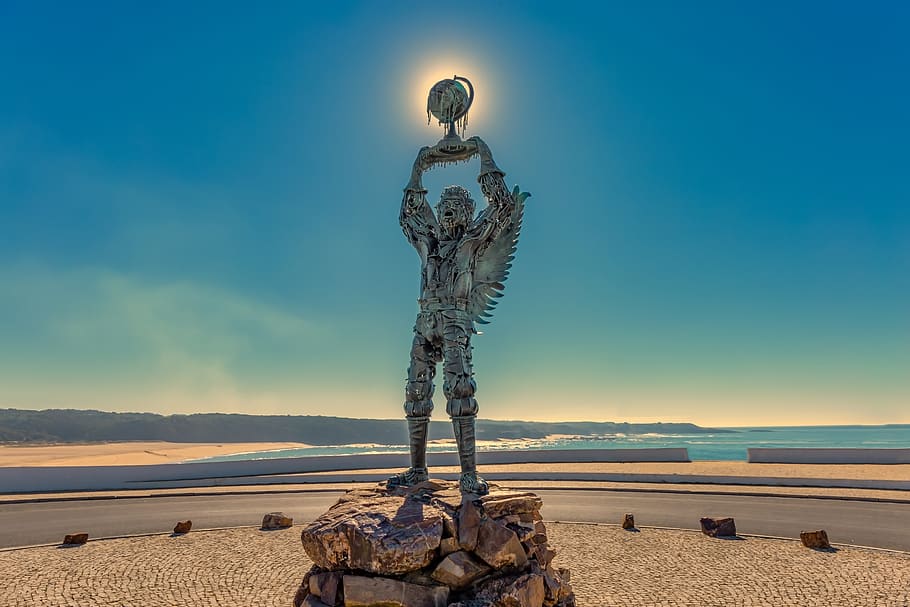 Michael, Arcanjo, estátua, escultura, beira-mar, sol, bronze, historicamente, figura, trabalho artístico