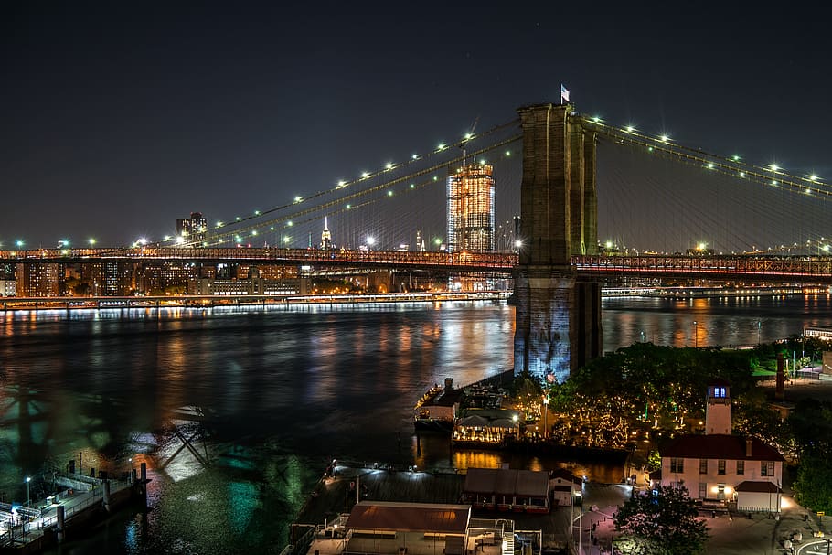 ponte de brooklyn, noite, cidade e urbano, nyc, estrutura construída, arquitetura, ponte, ponte - estrutura feita pelo homem, iluminada, transporte