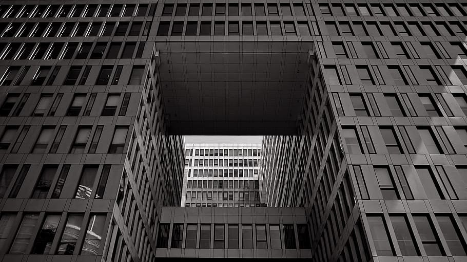 building, black and white, geometry, line, window, architecture, built structure, building exterior, low angle view, city