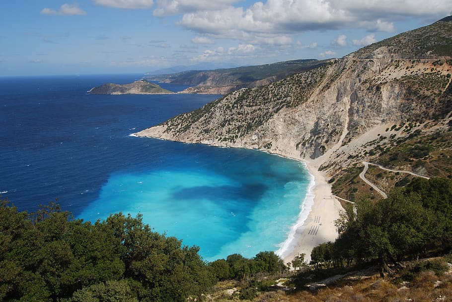 país, viagem, Grécia, Cefalônia, praia Myrtos, praia, onda, sol, feriados, recuperação