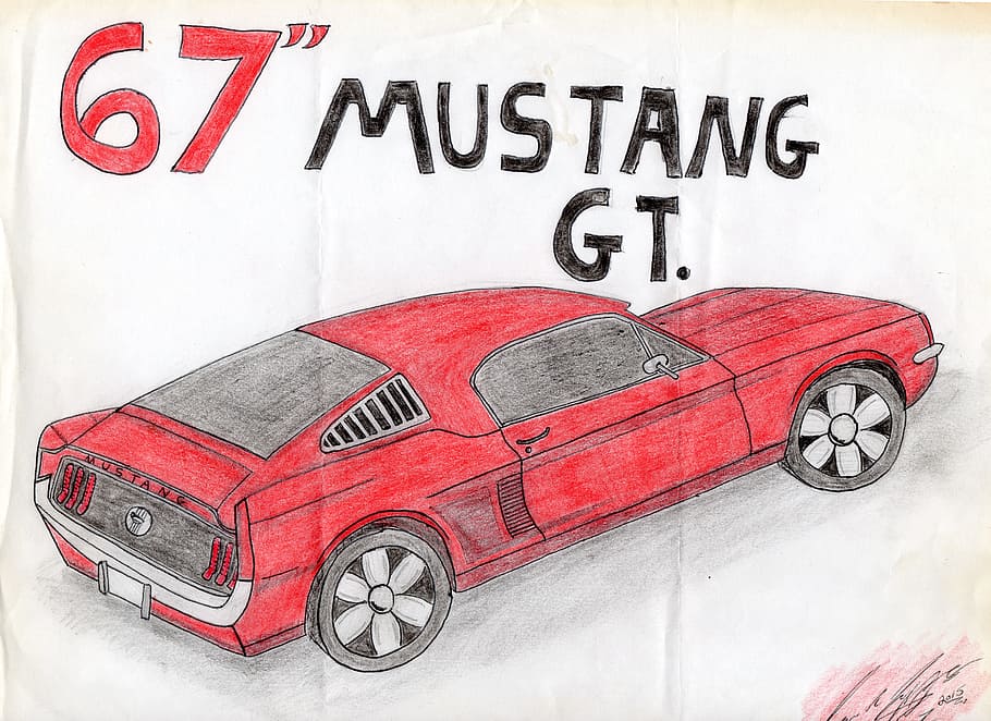 drawing, red, car, fast, old, art, 1967, ford, mustang, text