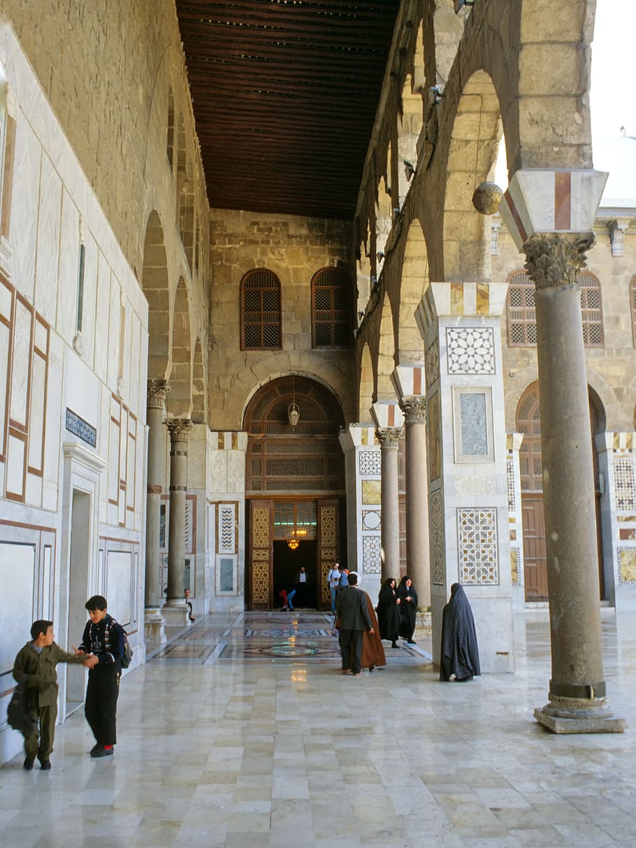syria, damascus, omejaden, mosque, islam, architecture, history, built structure, building, real people