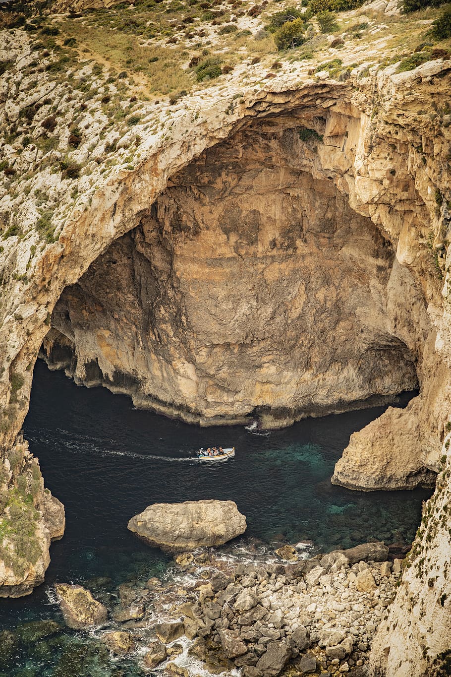 blue review, malta, mediterranean, rock, rock - object, solid, rock formation, water, cave, physical geography