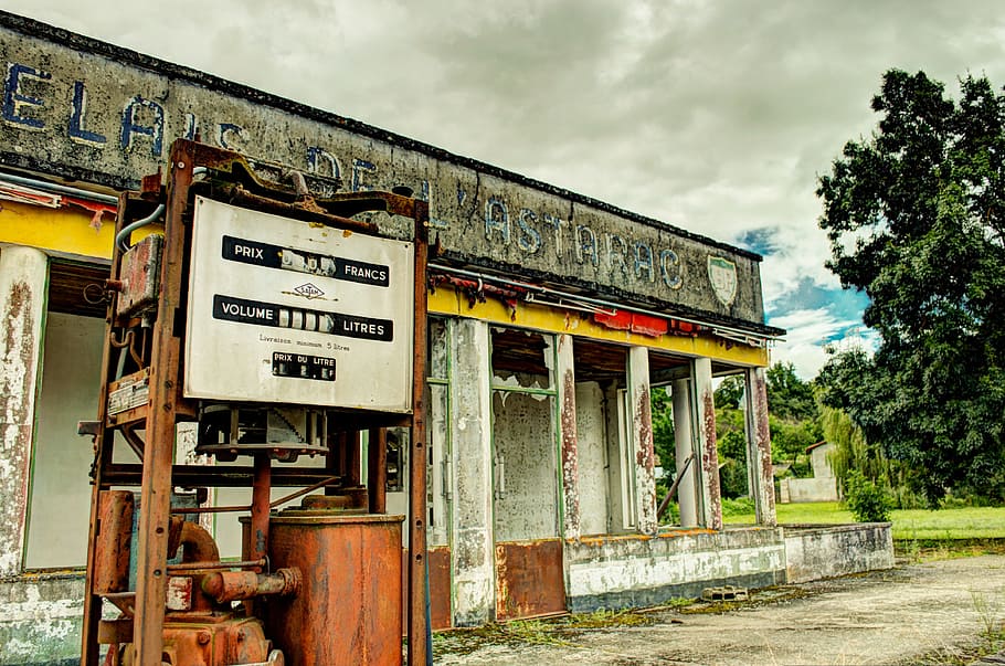 gas station, service station, pump, rust, abandoned, old, text, architecture, built structure, communication