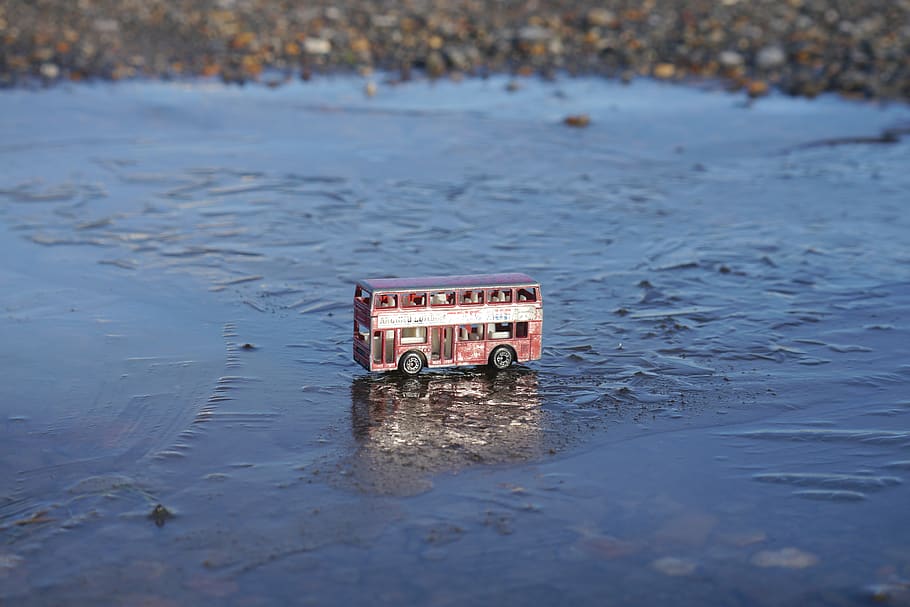 bus, toy bus, double decker, red bus, frozen puddle, ice, travel, reflection, water, nature