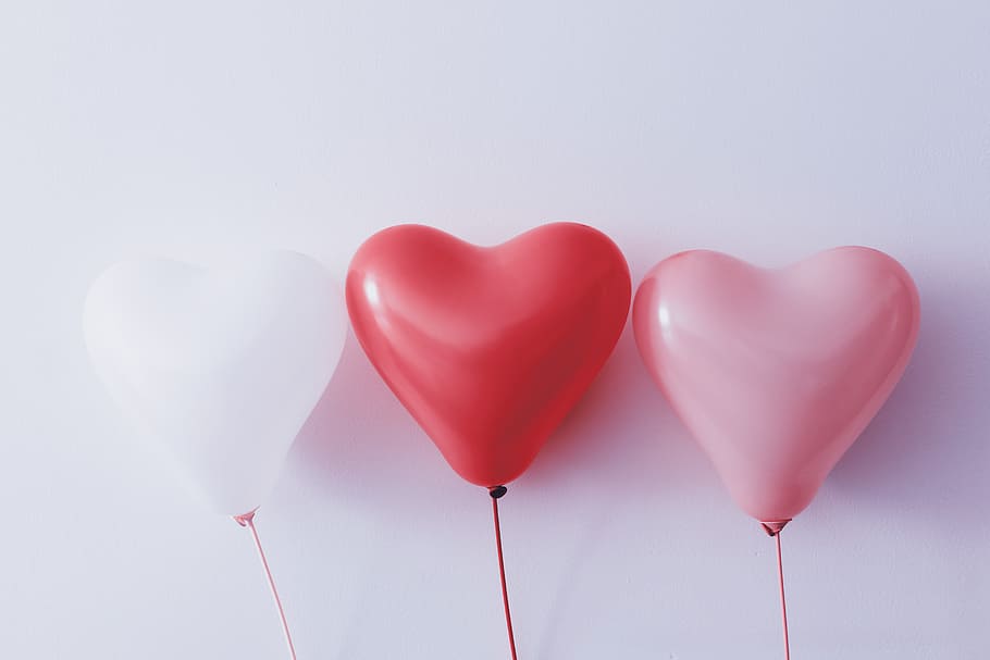 tiga, balon, bentuk, jantung., cantik, hari valentine, emosi positif, bentuk hati, cinta, emosi
