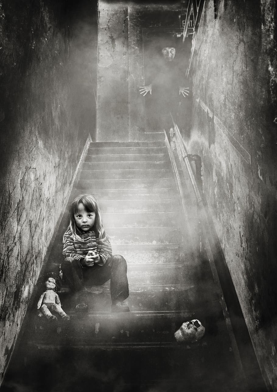 image manipulation, girl, doll, stairs, old woman, fog, gradually, staircase, dirty, dark