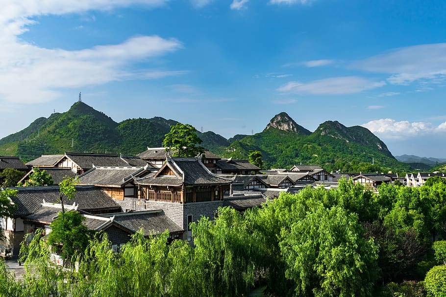 guiyang, qingyan ancient town, huaxi, mountain, green mountain, aoyama, ancient architecture, attractions, architecture, tree