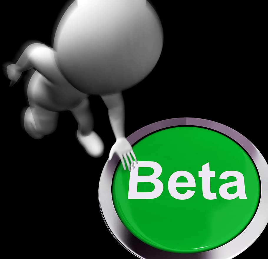beta, pressionado, mostrando, teste de software, desenvolvimento, botão, demo, baixar, internet, online