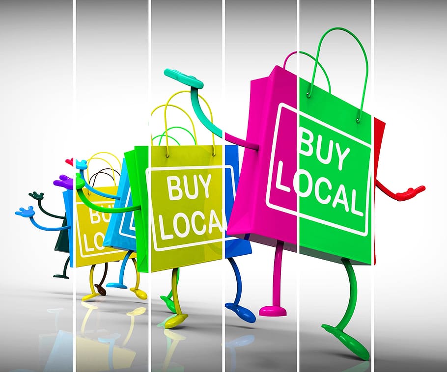 comprar, local, sacolas de compras, representando, negócio de bairro, mercado, negócio, comprar bolsa local, comprar localmente, empresa