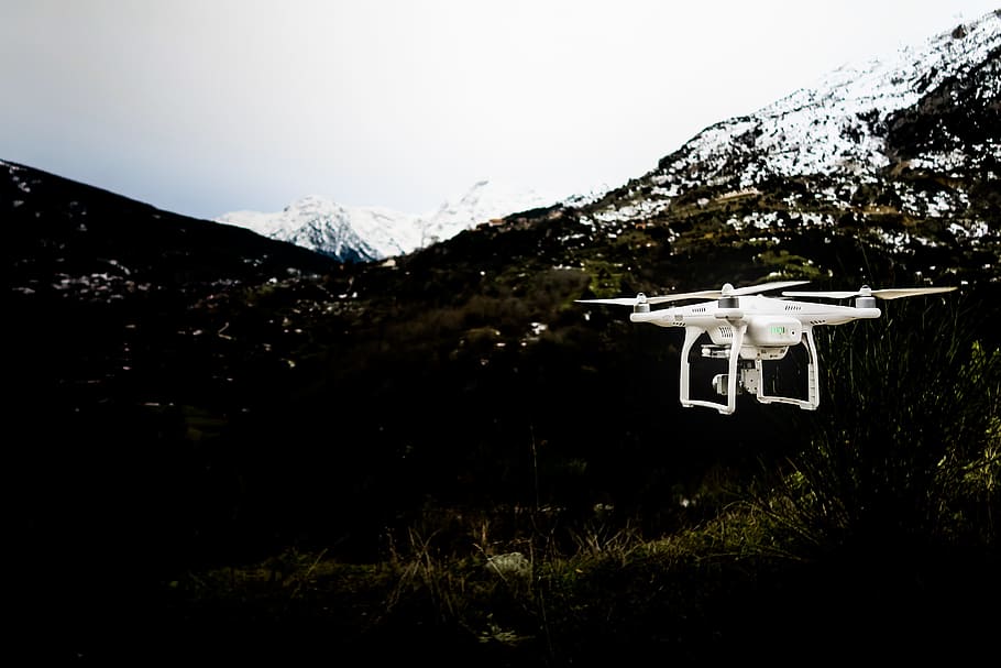 drone, camera, clouds, sky, video, record, white, mountain, nature, plant