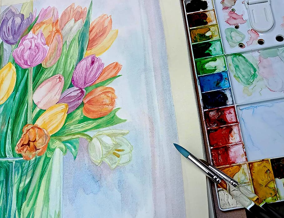 watercolor, tulip, flowers, coloring, multi colored, art and craft, variation, choice, still life, creativity