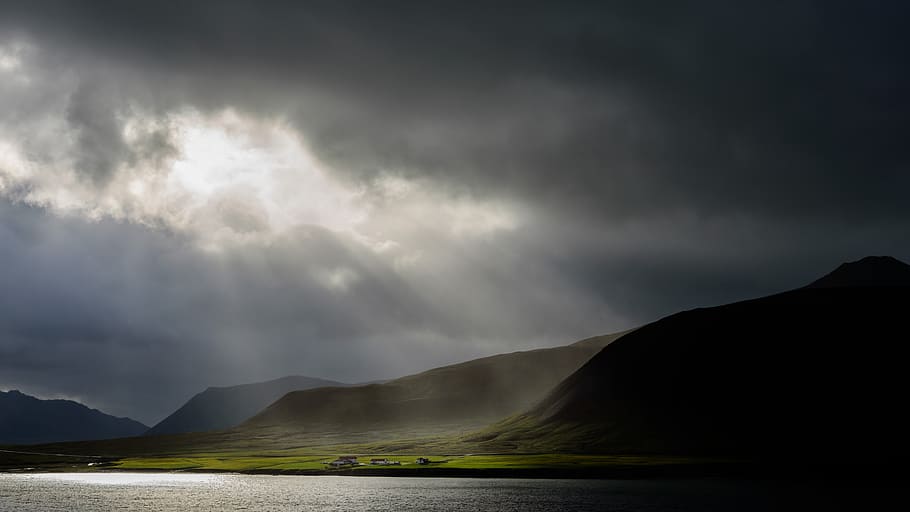 iceland, grundarfjörður, sea, sun, rays, clouds, mood, dawn, crepuscular, sky