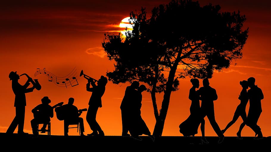 sunset, orchestra, music, flamenco, dance, concert, play, guitar, saxophone, silhouette