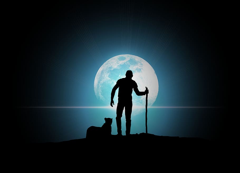 full moon, light, twilight, boy, silhouette, standing, adult, men, people, full length