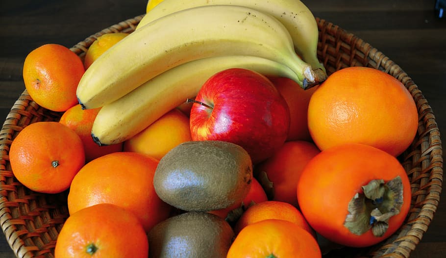 fruit basket, fruit, fruits, healthy, bananas, apple, tangerines, oranges, kiwi, kaki
