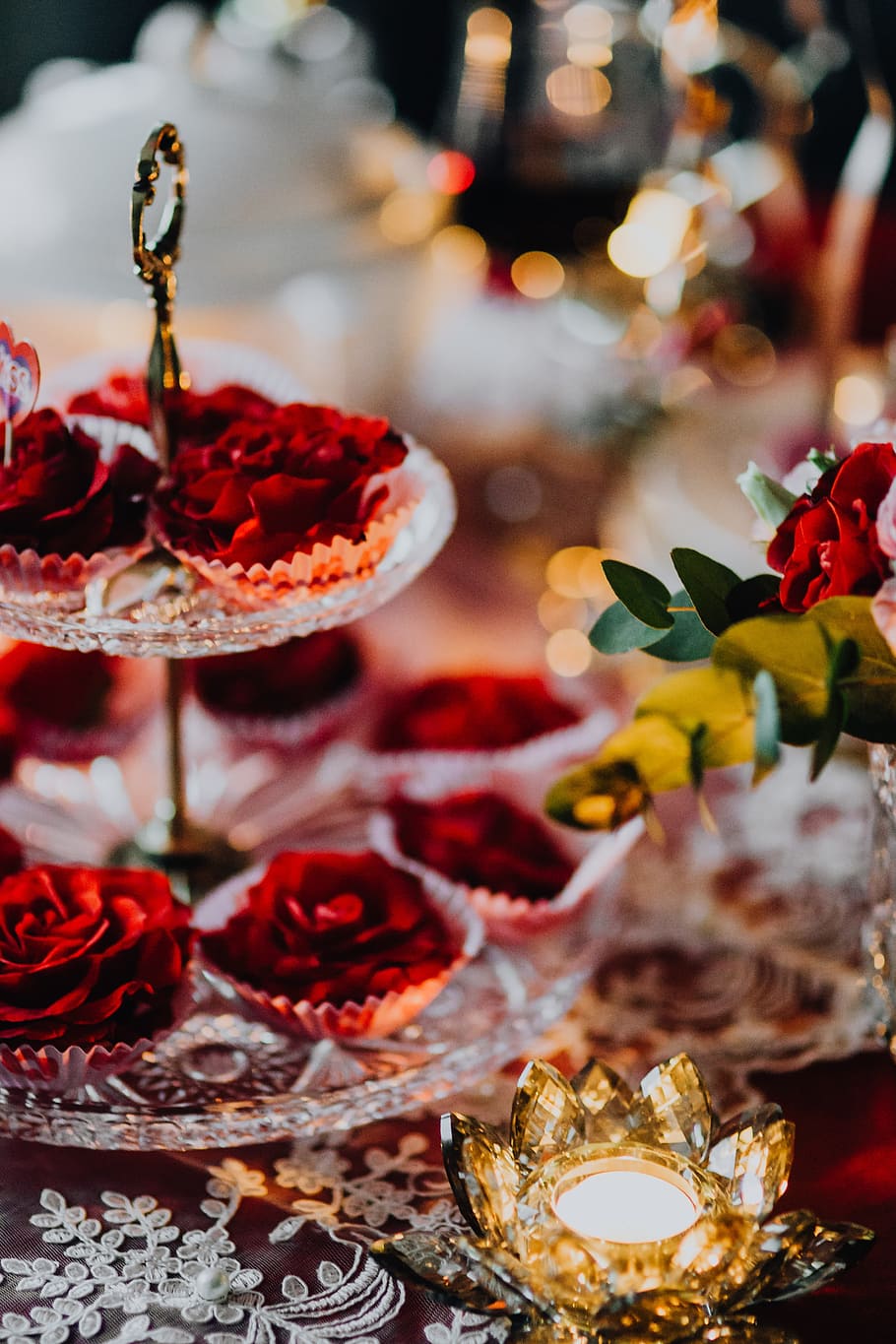 dekorasi meja, &, bunga, valentine, meja, cinta, romantis, bersama-sama, romansa, peralatan makan