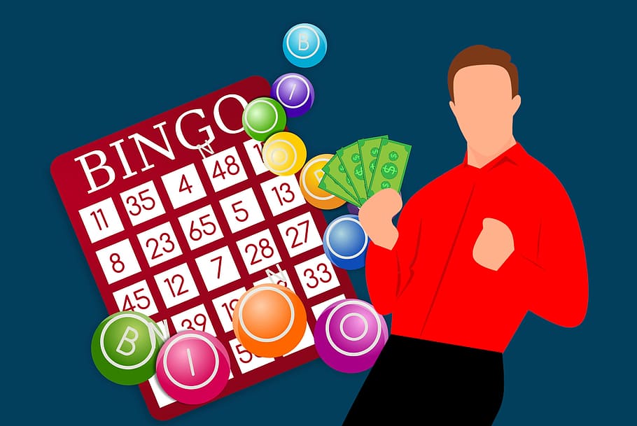 ilustração, vencedor, jogo, bingo., notas de banco, loteria, ganhar, cassino, dinheiro, prêmio
