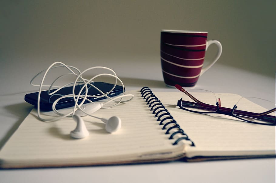 time alone, book, coffee, ear phone, education, glass, learn, leisure, mobile, notes