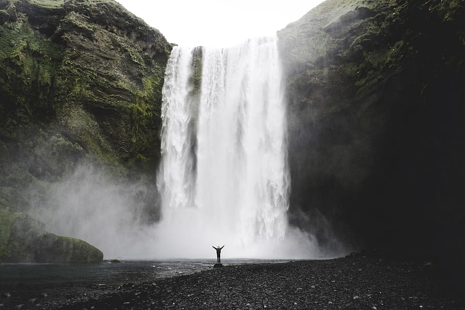 каскад, водопад, Исландия, пейзаж, туман, природа, на открытом воздухе, человек, река, живописный