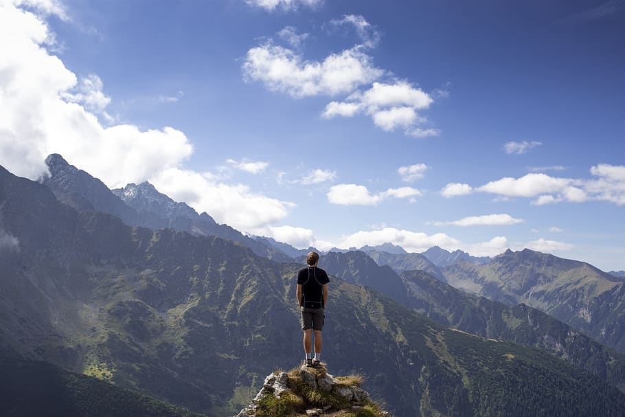 isolate, top, mountains, alone, cliff, man, person, hiking, mountain, leisure activity