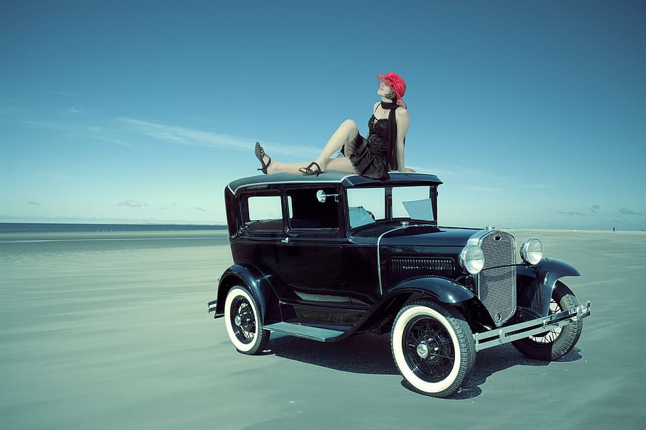 fantasía, collage, composición, rugiente 20s, flapper, niña, mujer, coche, viejo temporizador, 1920s