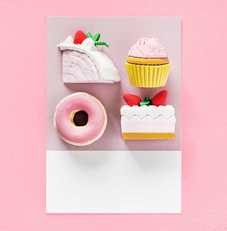 arreglado, arte, pastel, dulces, tarjeta, de cerca, colorido, creatividad, magdalena, donut
