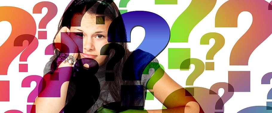 question mark, question, student, girl, frown, response, search, consider, problem, puzzles