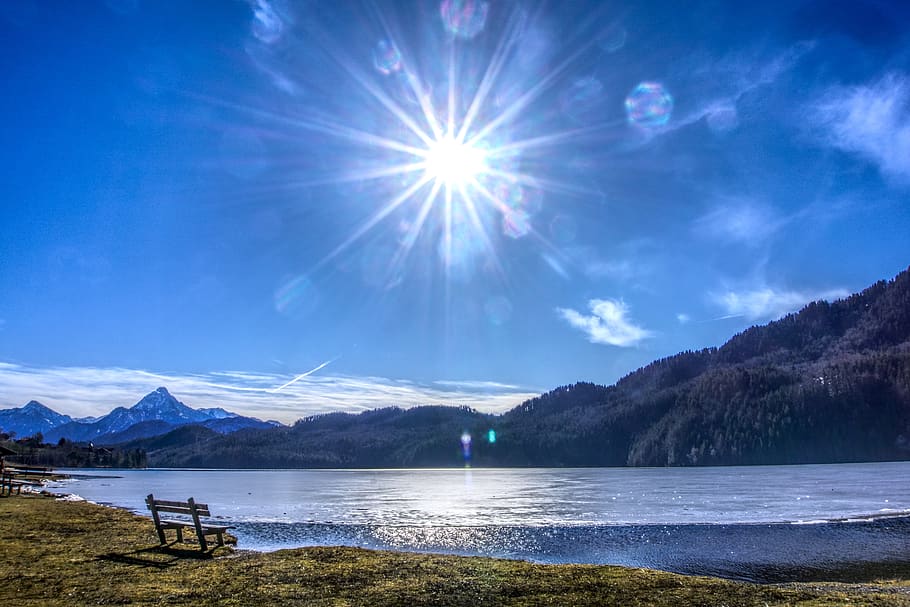 sun, backlighting, dazzling star, lake weissensee, allgäu, füssen, sky, blue, hdr, high dynamic range