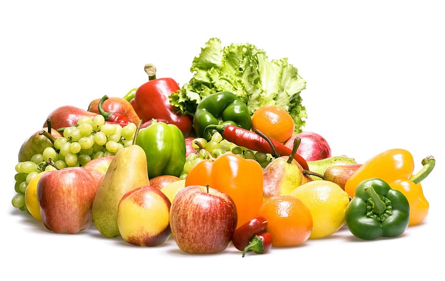 Fresco, verduras, frutas, mercado, aislado, montón, pomelo, vegetariano, comida, limón