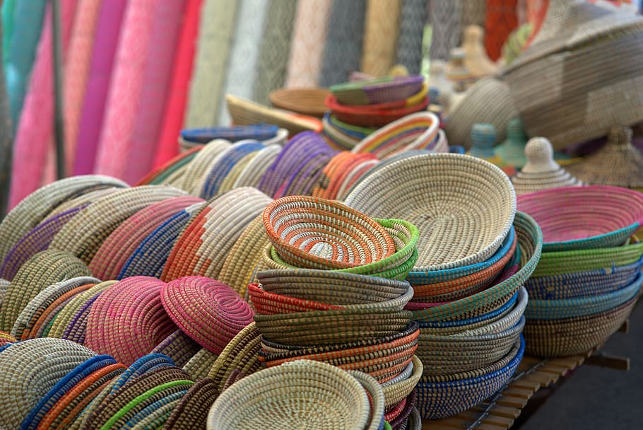 mercado, cesta, artesanía, venta, compras, colorido, comprar, decorativos, negocios, multicolores