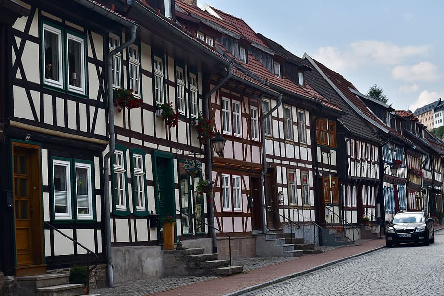 half-timbered houses, area harz, architecture, built structure, building exterior, building, window, transportation, day, sky