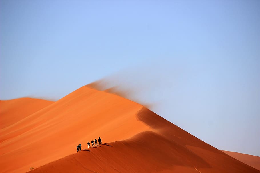 sand dunes, desert, hills, windy, hiking, hike, trek, people, blue, sky