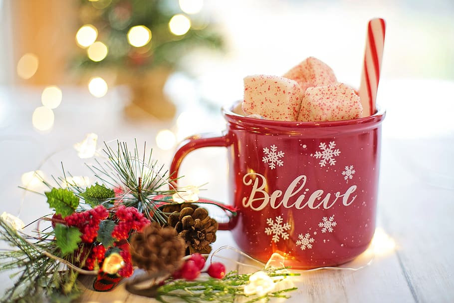 christmas, hot chocolate, cocoa, believe, drink, hot, mug, cozy, holiday, beverage